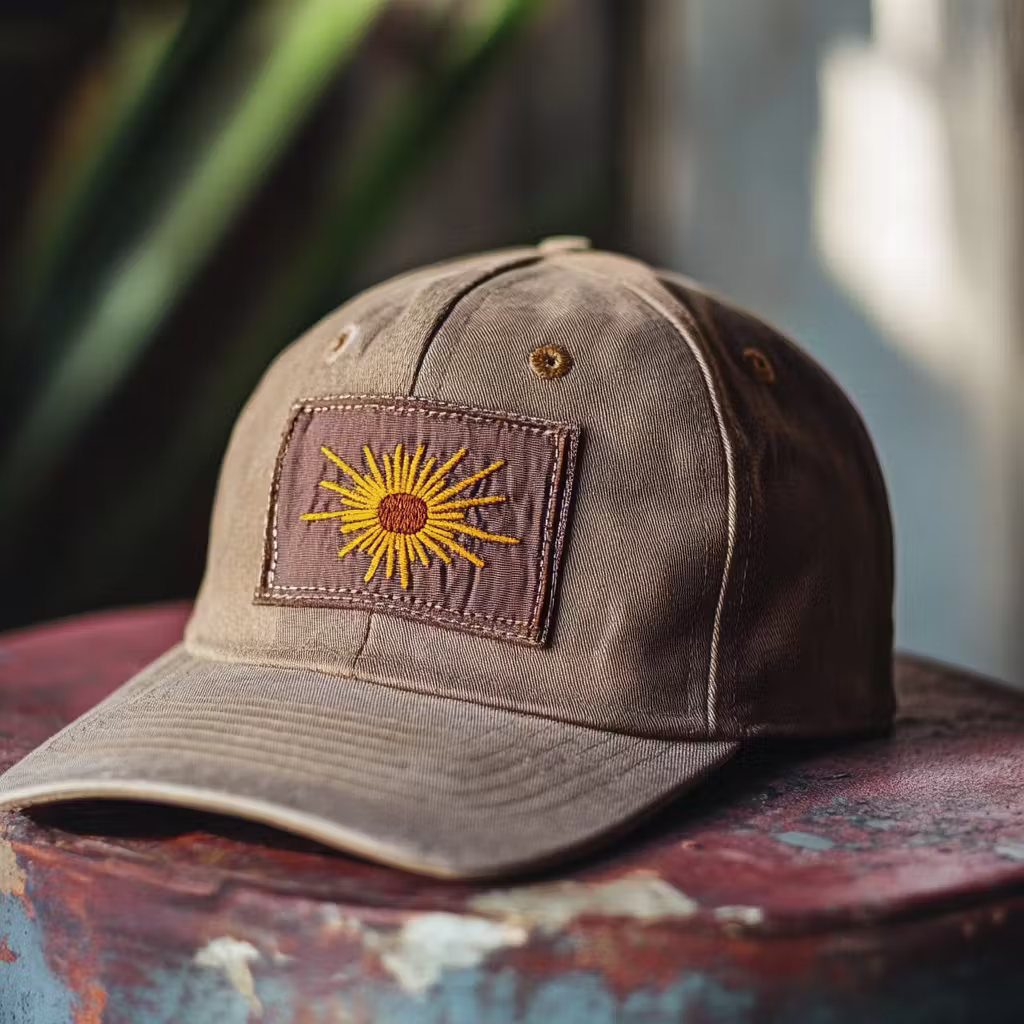 A brown baseball cap with a sewn-on embroidered patch