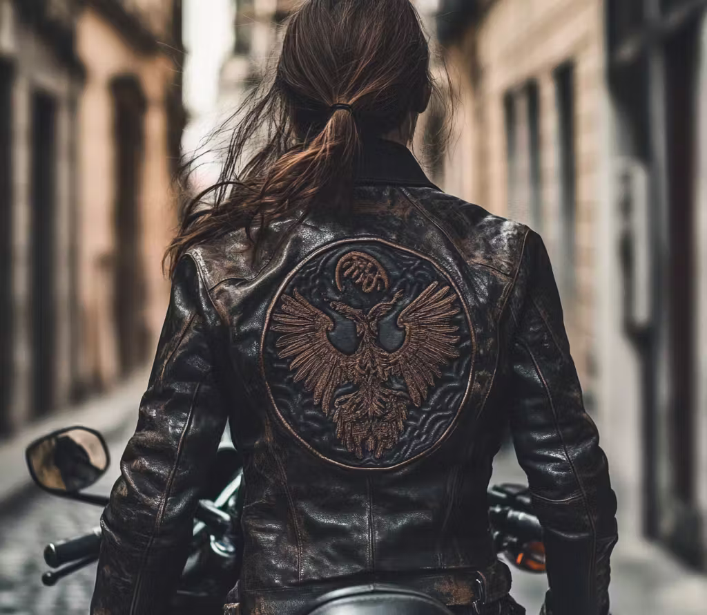 a woman wearing a leather jacket with a large patch on the back