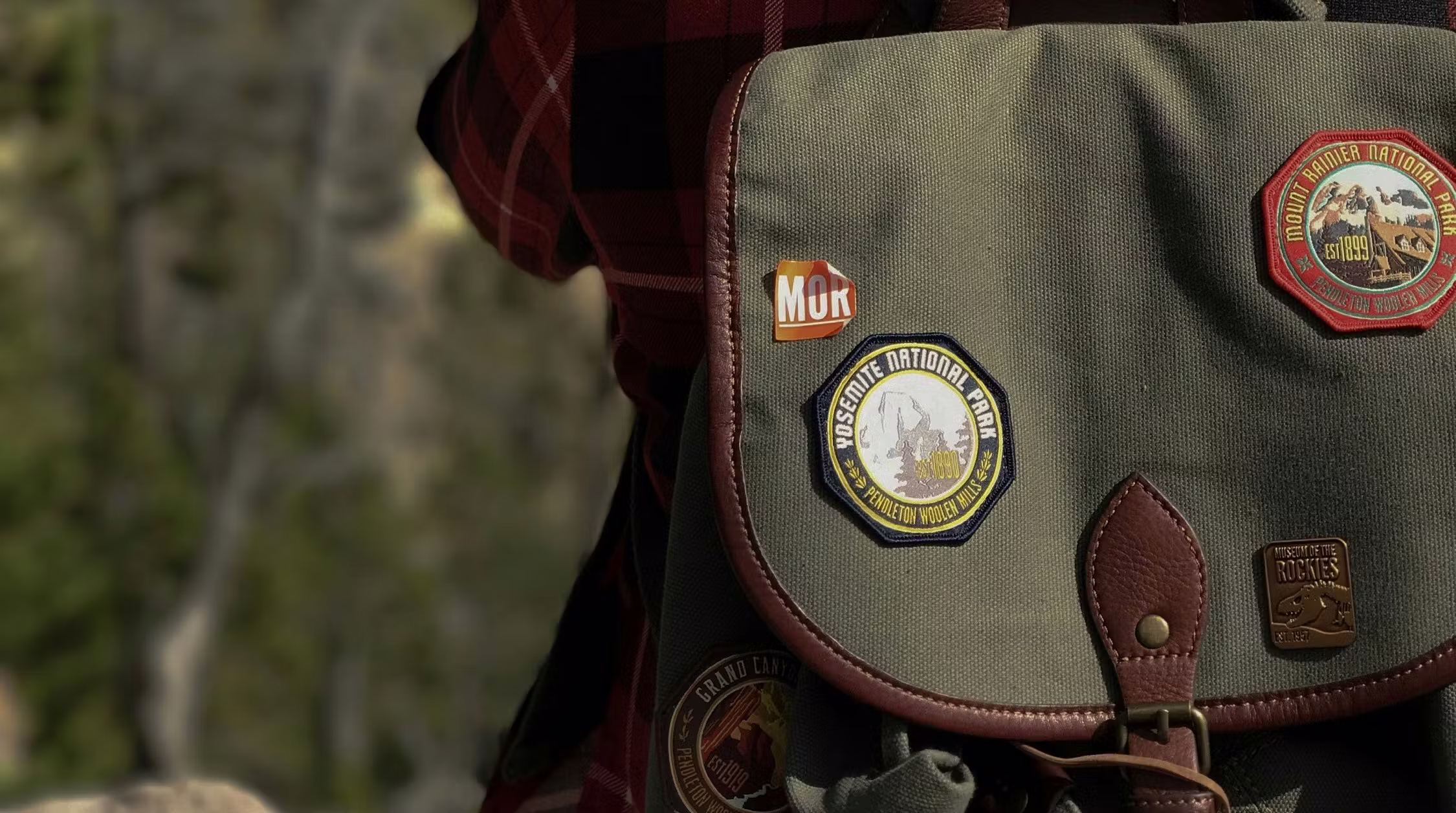 A close-up of a backpack with national park patches