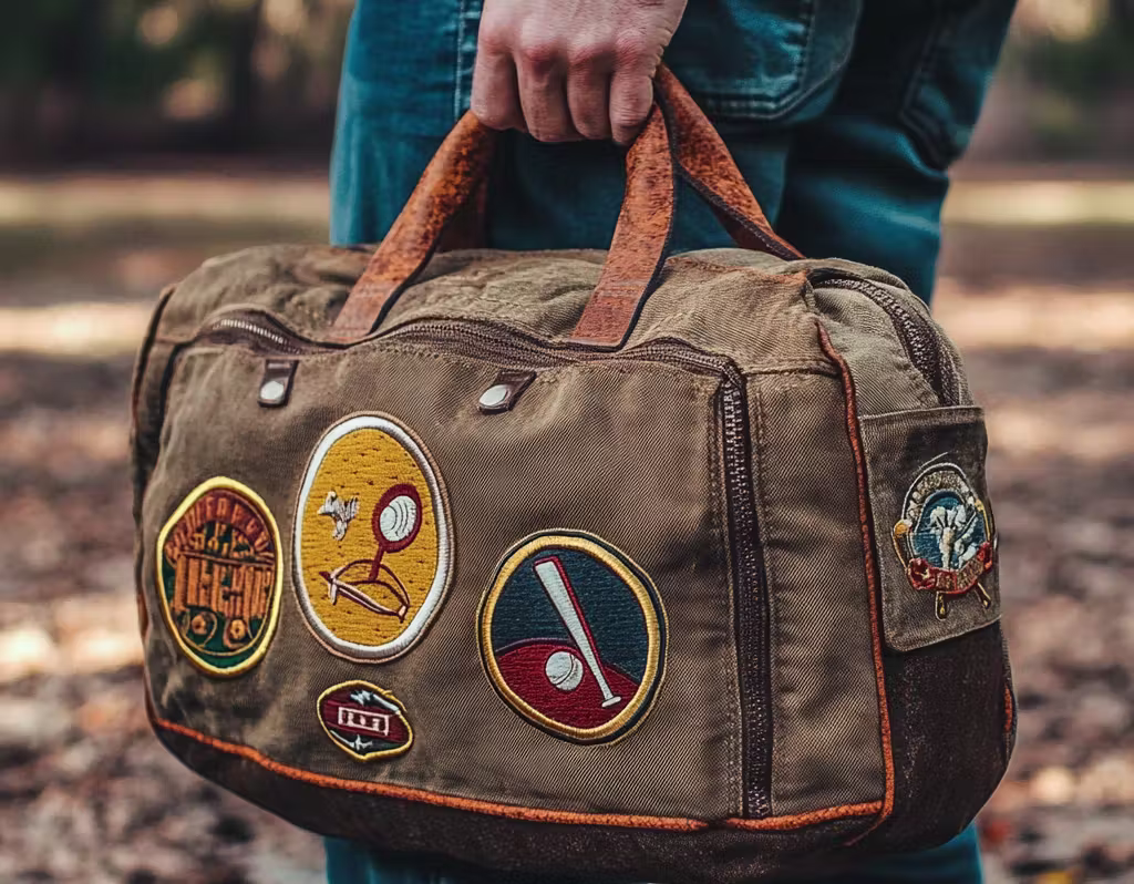 someone holding a bag with baseball patches on it