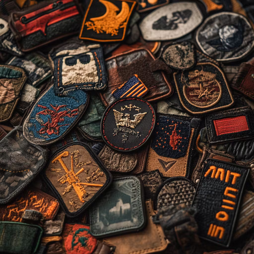 A scattered collection of morale patches featuring various designs