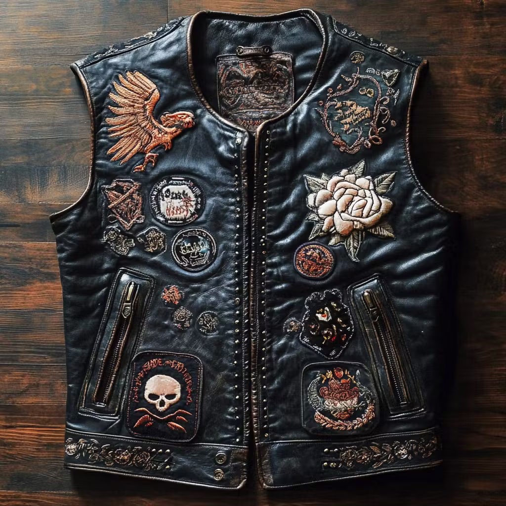 A black leather biker vest with embroidered patches